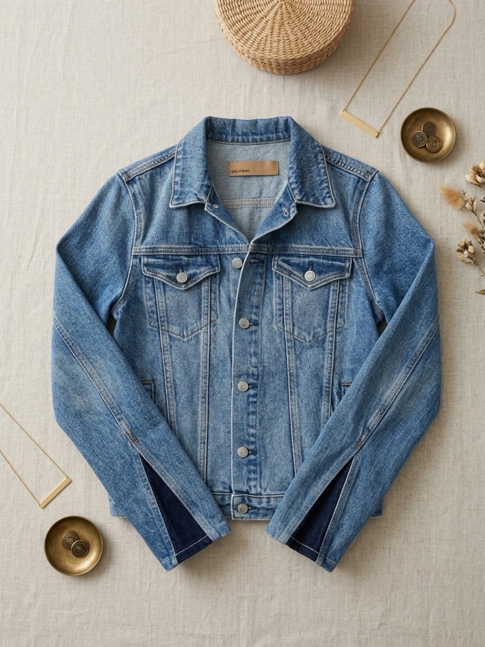 GRLFRND Bianca Two Tone Denim Jacket Size S Triangle Contrast Back Panel Blue